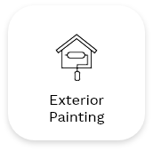 A black and white icon of a house with a paint roller inside it, accompanied by the text "Exterior Painting" underneath. The icon is enclosed within a rounded square border, symbolizing comprehensive painting services.