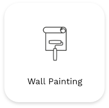 Simple black line icon of a paint roller rolling paint from a paint can on a small section of the wall. The icon represents wall painting and the text "Wall Painting" is written below the image. Perfect for illustrating interior or commercial painting services, the background is white and the icon is framed within rounded corners.