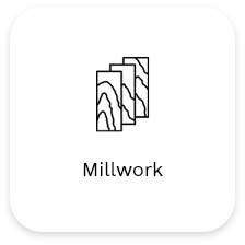A simplistic black and white icon featuring three stacked wooden planks, with a caption below that reads "Millwork." The wooden planks have a stylized, wavy grain pattern, and the icon is set against a rounded-corner square background reminiscent of commercial design elements.