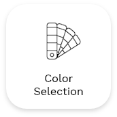 A black and white icon depicting a fanned-out color palette, commonly used for choosing colors in design, perfect for exterior and interior painting services. Below the icon, the text reads "Color Selection." The icon is set against a white background with rounded corners.