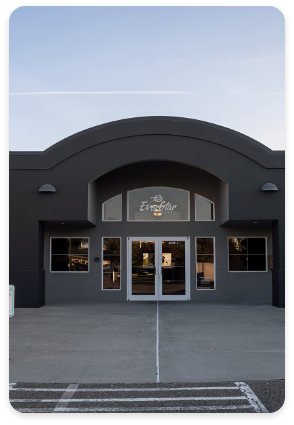 The image captures the entrance of a modern, dark gray building with a large archway above the entrance. The building, likely offering commercial painting services, features glass double doors and two square windows on each side. A sign above the door reads "Elevation" in white text with a colorful logo.