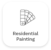 A black and white icon depicting a fanned-out paint color swatch with the text "Residential Painting" below it. The image, suggesting both interior and exterior painting services, is enclosed in a rounded square frame.