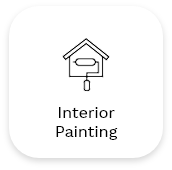 A square icon depicts a small house with a paint roller inside it, symbolizing both interior and exterior painting. Below the image, the words "Interior Painting" are displayed. The icon is centered on a white background with rounded corners.