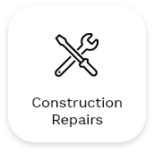 An icon depicting a screwdriver and wrench crossed, symbolizing tools, above the text "Construction Repairs & Interior Services" on a white, rounded-square background.