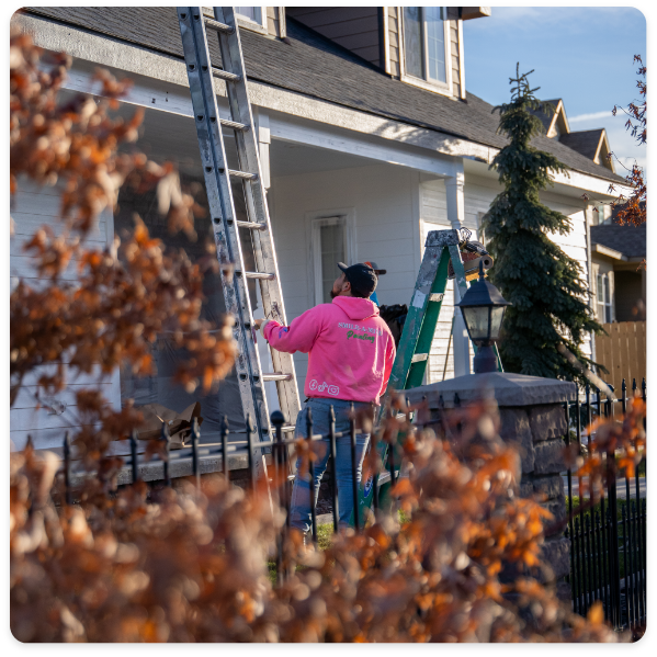 A person in a bright pink shirt stands at the base of a tall ladder leaning against a house, preparing for painting. Another smaller ladder is visible nearby. The house exterior is white, with some plants and trees in the foreground, showcasing the care taken before commercial painting services are performed.